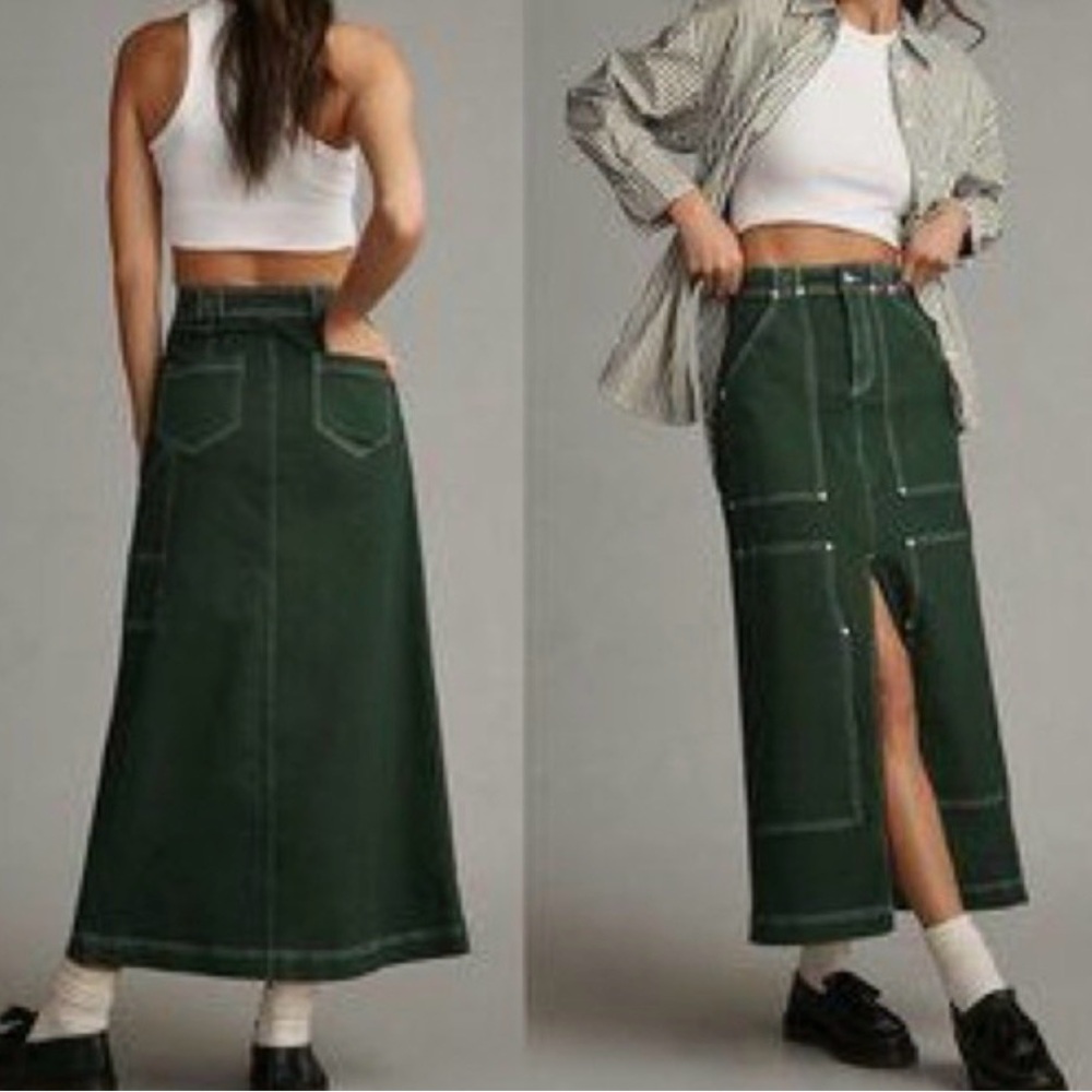 Anthropologie Pilcro Denim Carpenter Maxi Skirt Jean Dark Green Size 12